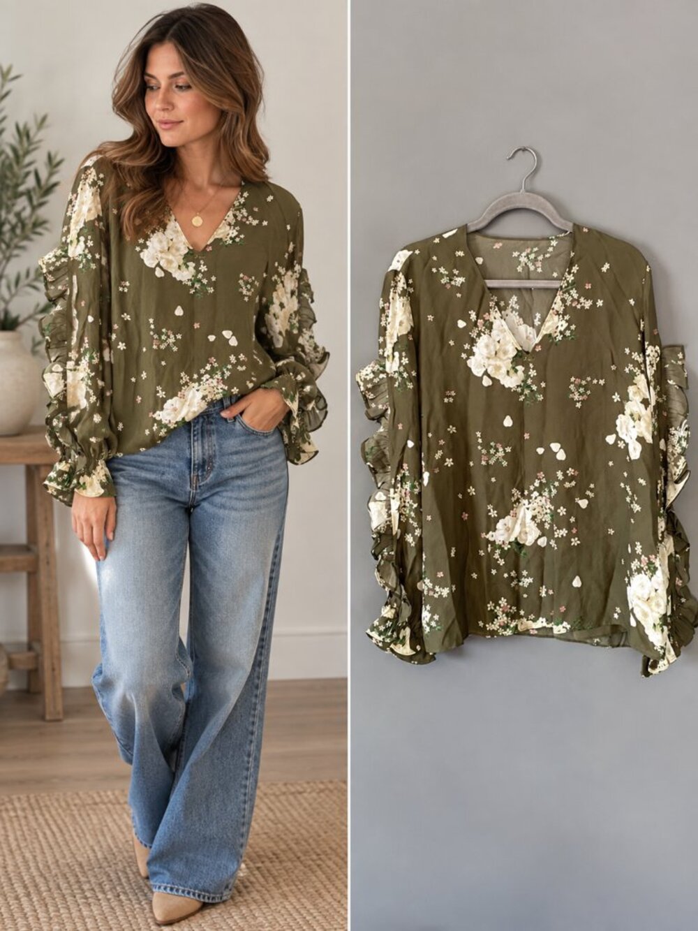 Miss Sixty Olive Green Cream Floral Blouse Ruffle Sleeve Boho Cottagecore M